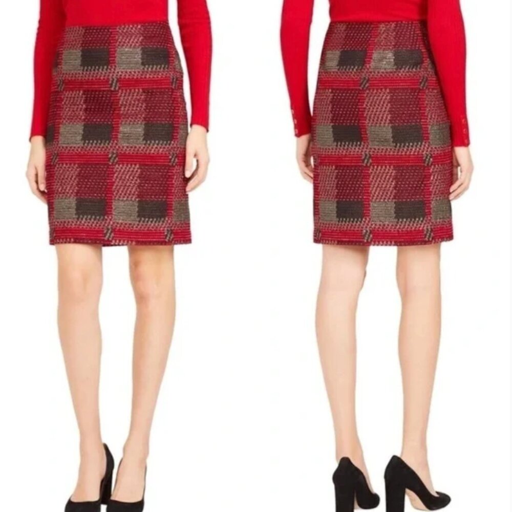 NWOT J. McLaughlin Tweed Pencil Skirt Red Black Metallic Gold Knee Length Sz 4